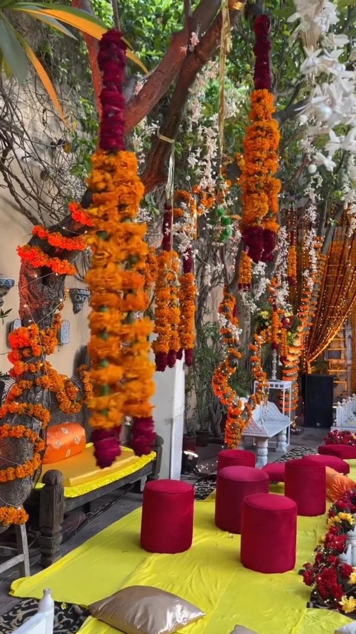 Mehndi decor setup with ambient lighting Lahore